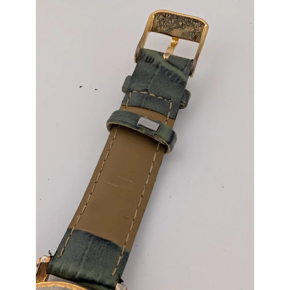 QBOS Limited Edition Watch Gold Case Olive Green Leather Band- New‎ Battery